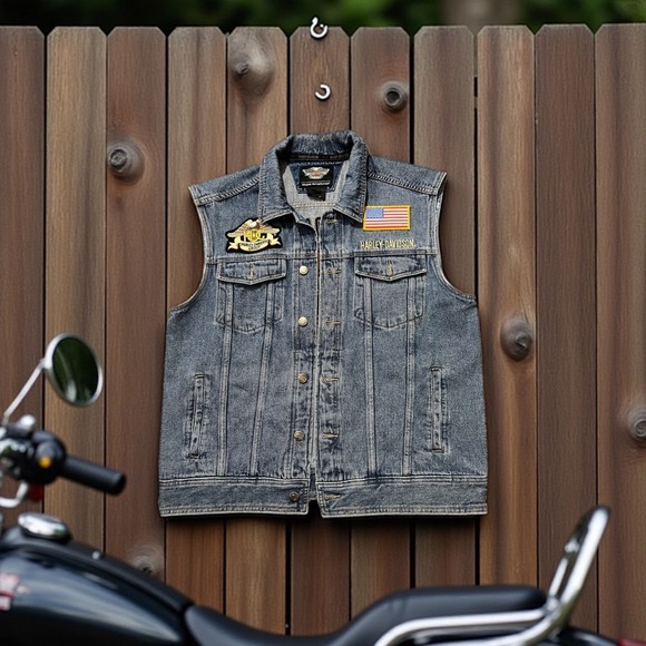 Harley Davidson Denim Vest Motorcycle Biker Patches Flags Mens Size L - Picture 2 of 5